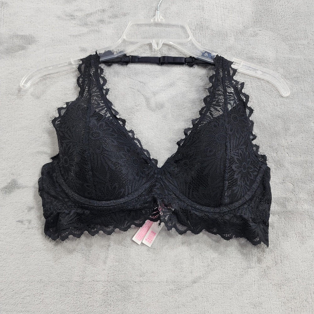 PINK Victorias Secret Bralette Womens M Black Lace Wireless Lightly Lined Halter